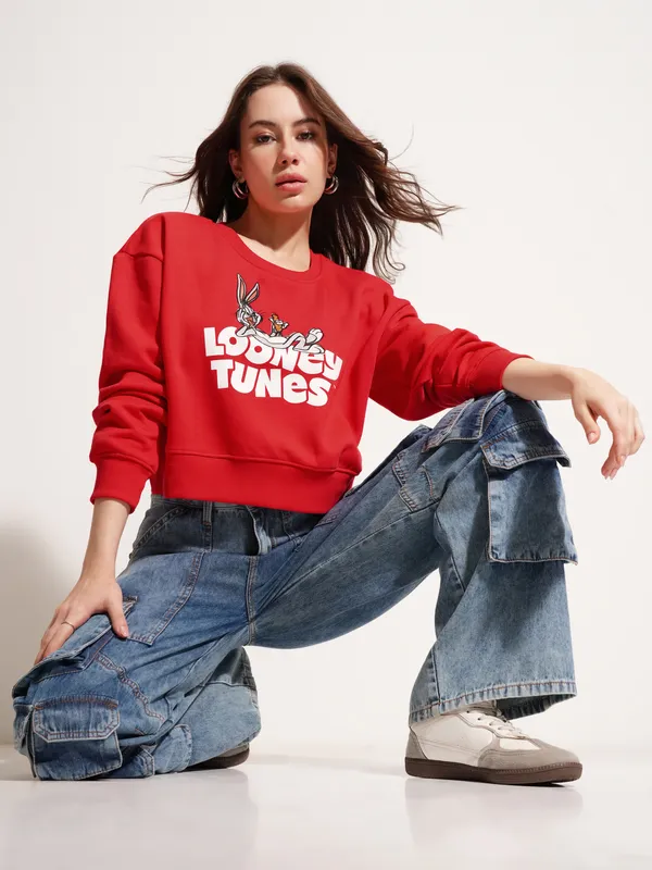 WB By Tokyo Talkies Women Red Looney Tunes Printed Pullover Round Neck Sweatshirt