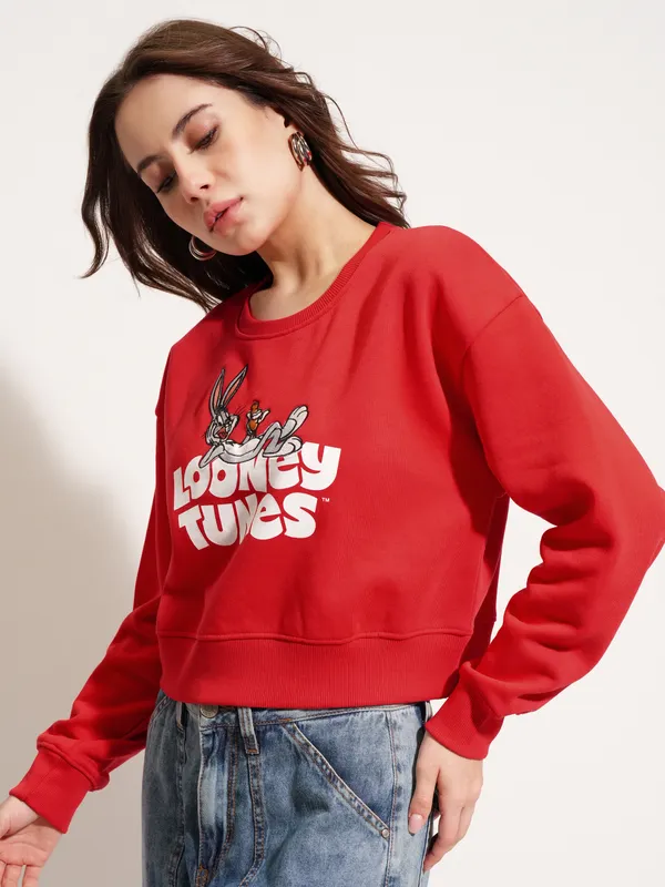 WB By Tokyo Talkies Women Red Looney Tunes Printed Pullover Round Neck Sweatshirt