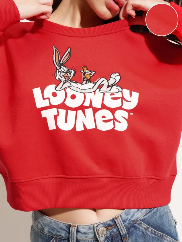 WB By Tokyo Talkies Women Red Looney Tunes Printed Pullover Round Neck Sweatshirt