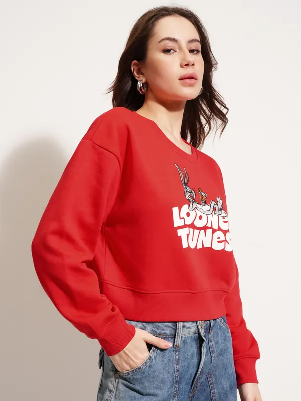 WB By Tokyo Talkies Women Red Looney Tunes Printed Pullover Round Neck Sweatshirt