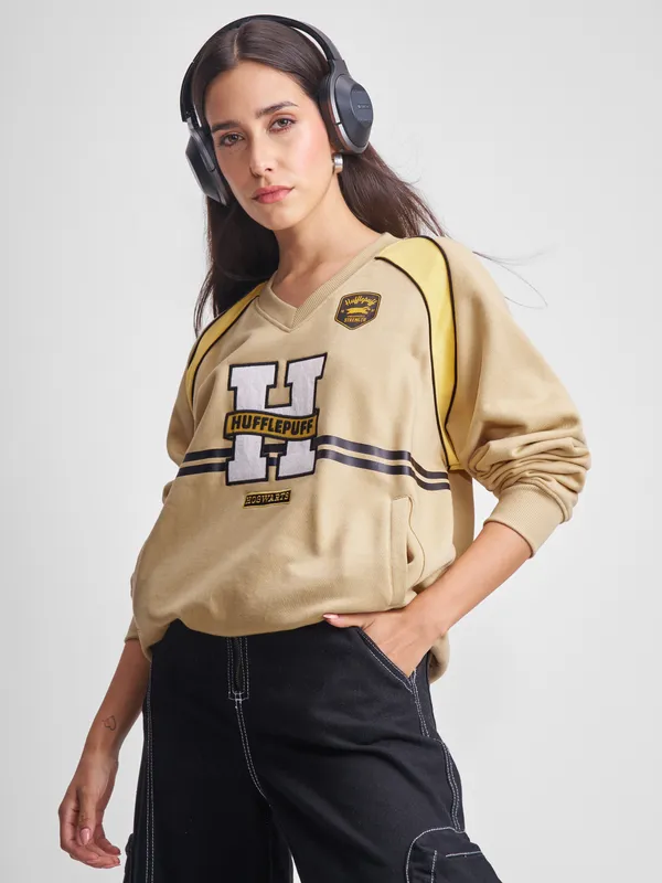 WB By Tokyo Talkies Women Brown Harry Potter Embroidered Pullover V-Neck Sweatshirt