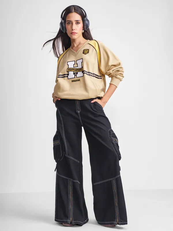 WB By Tokyo Talkies Women Brown Harry Potter Embroidered Pullover V-Neck Sweatshirt