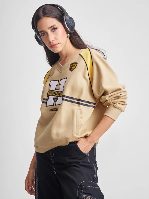 WB By Tokyo Talkies Women Brown Harry Potter Embroidered Pullover V-Neck Sweatshirt