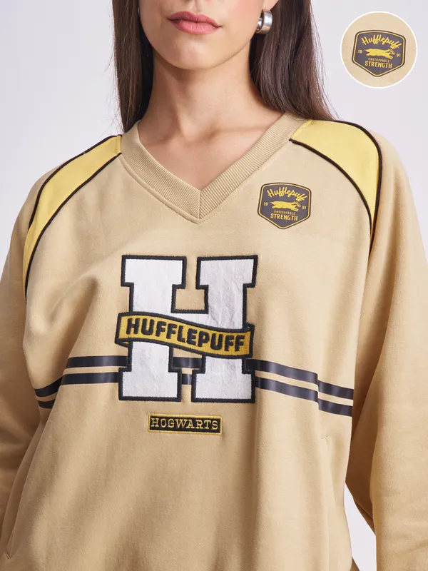 WB By Tokyo Talkies Women Brown Harry Potter Embroidered Pullover V-Neck Sweatshirt