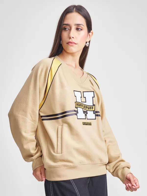 WB By Tokyo Talkies Women Brown Harry Potter Embroidered Pullover V-Neck Sweatshirt