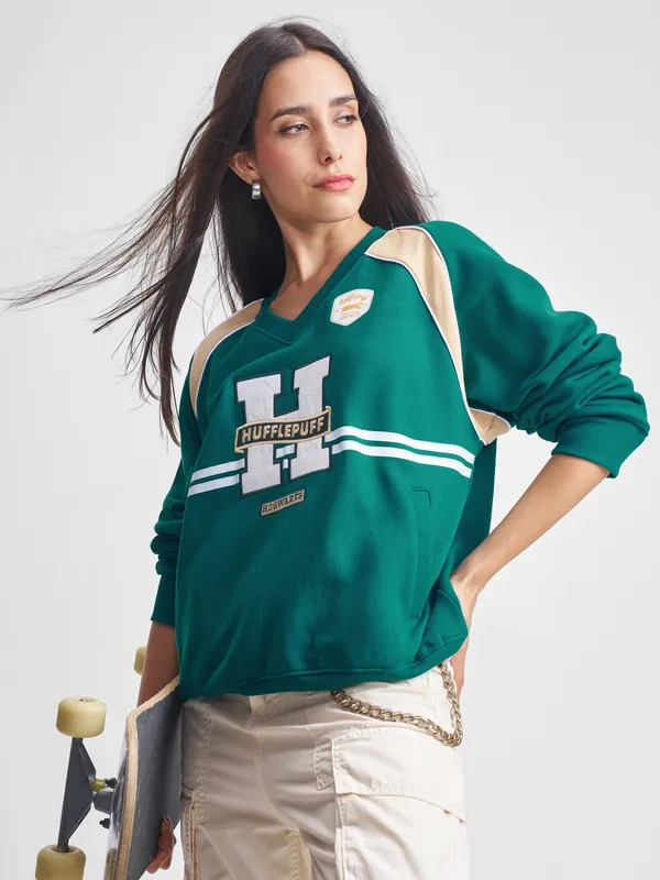 WB By Tokyo Talkies Women Green Harry Potter Embroidered Pullover V-Neck Sweatshirt
