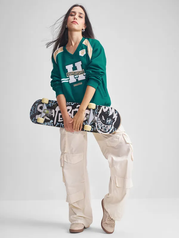 WB By Tokyo Talkies Women Green Harry Potter Embroidered Pullover V-Neck Sweatshirt