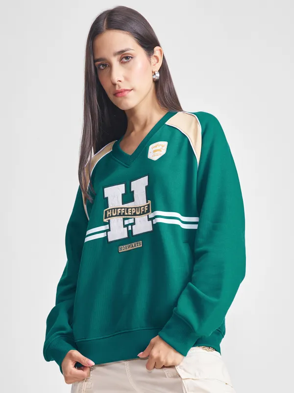 WB By Tokyo Talkies Women Green Harry Potter Embroidered Pullover V-Neck Sweatshirt