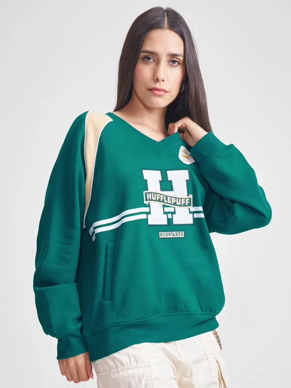 WB By Tokyo Talkies Women Green Harry Potter Embroidered Pullover V-Neck Sweatshirt