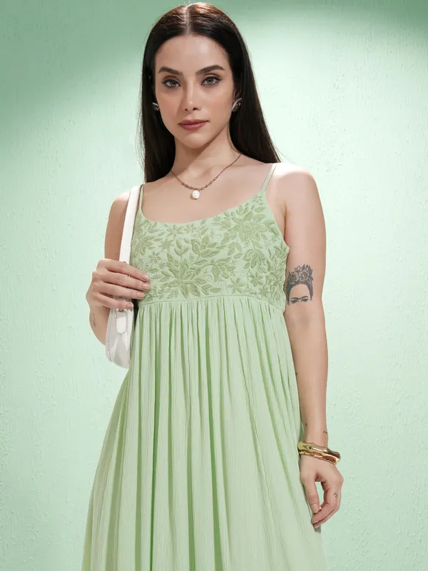 Vishudh Women Lime Green Embroidered A-Line Dress