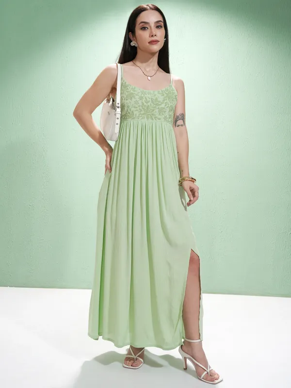 Vishudh Women Lime Green Embroidered A-Line Dress
