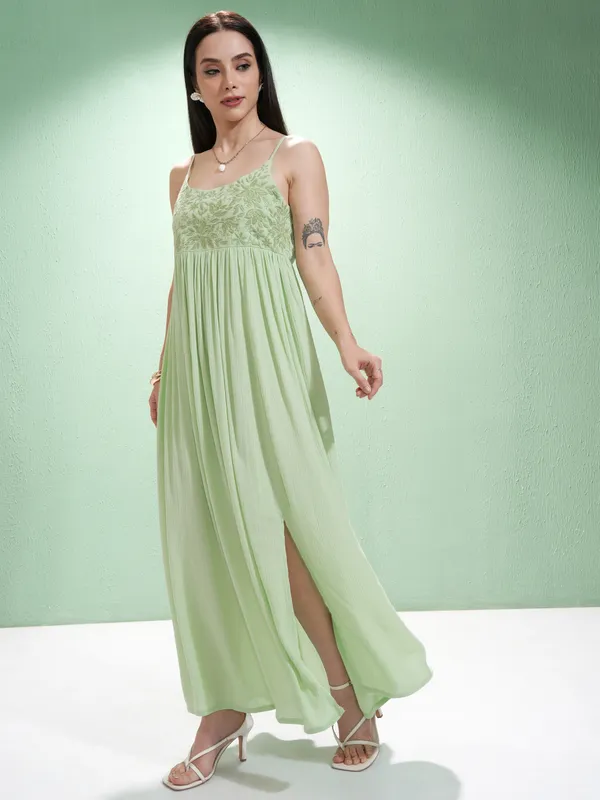 Vishudh Women Lime Green Embroidered A-Line Dress