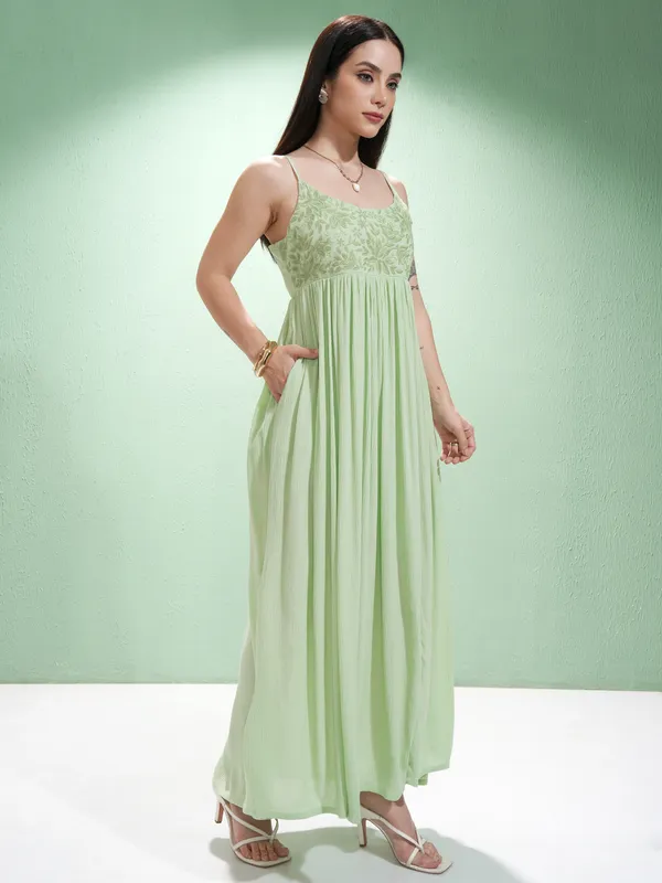 Vishudh Women Lime Green Embroidered A-Line Dress