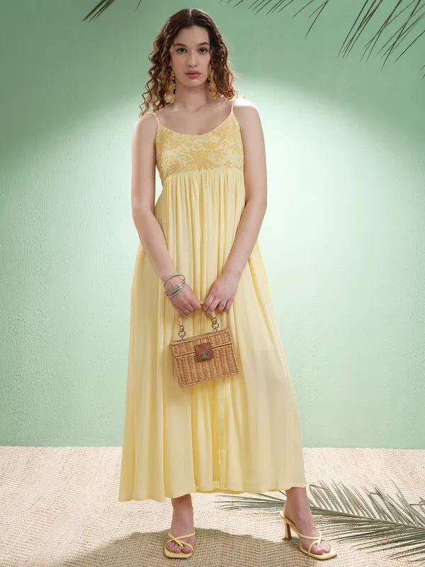 Vishudh Women Yellow Embroidered Maxi Dress