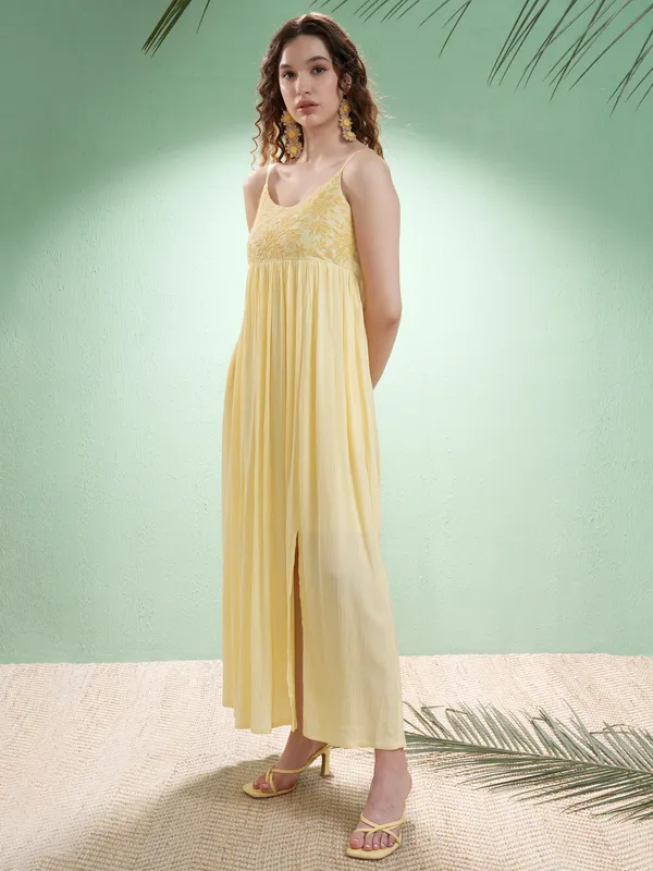 Vishudh Women Yellow Embroidered Maxi Dress