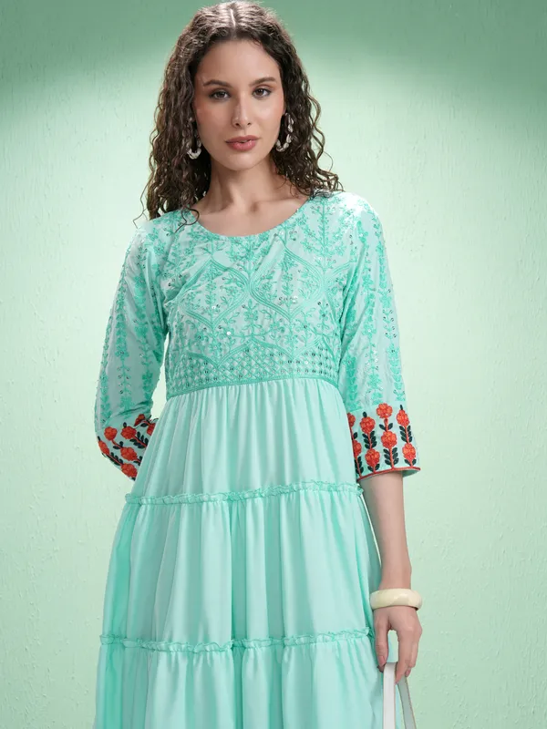 Vishudh Women Green Embroidered Fit and Flare Dress