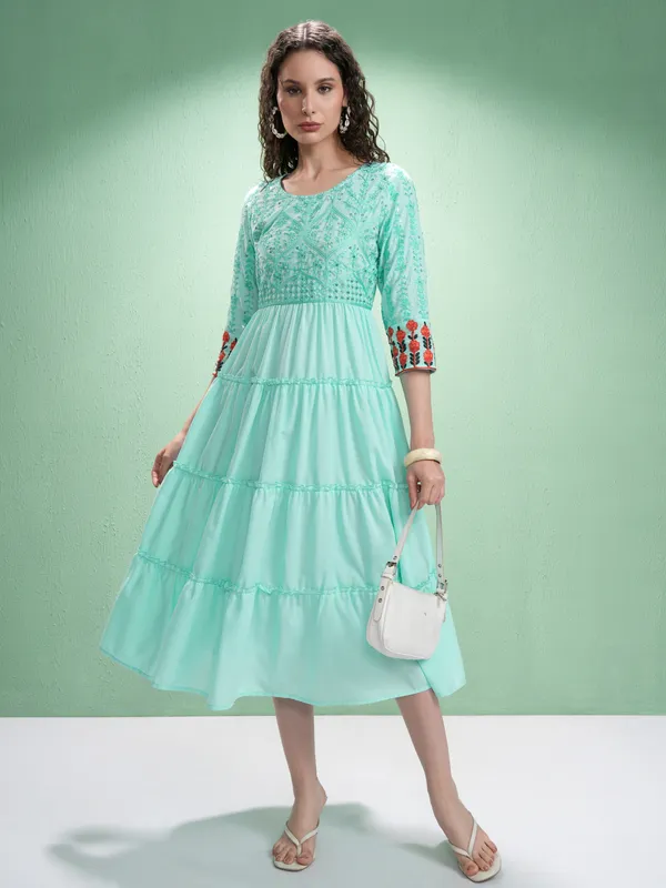 Vishudh Women Green Embroidered Fit and Flare Dress