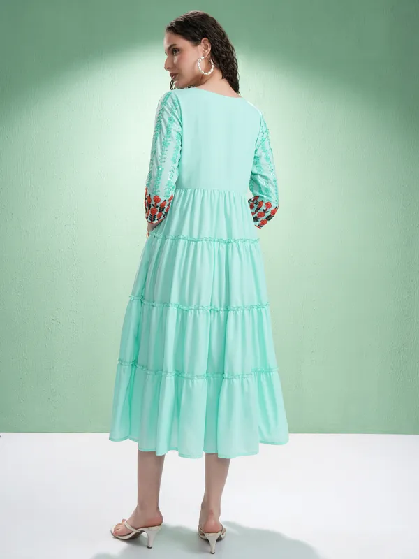 Vishudh Women Green Embroidered Fit and Flare Dress