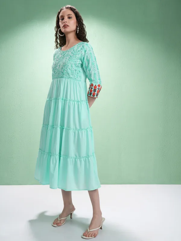 Vishudh Women Green Embroidered Fit and Flare Dress