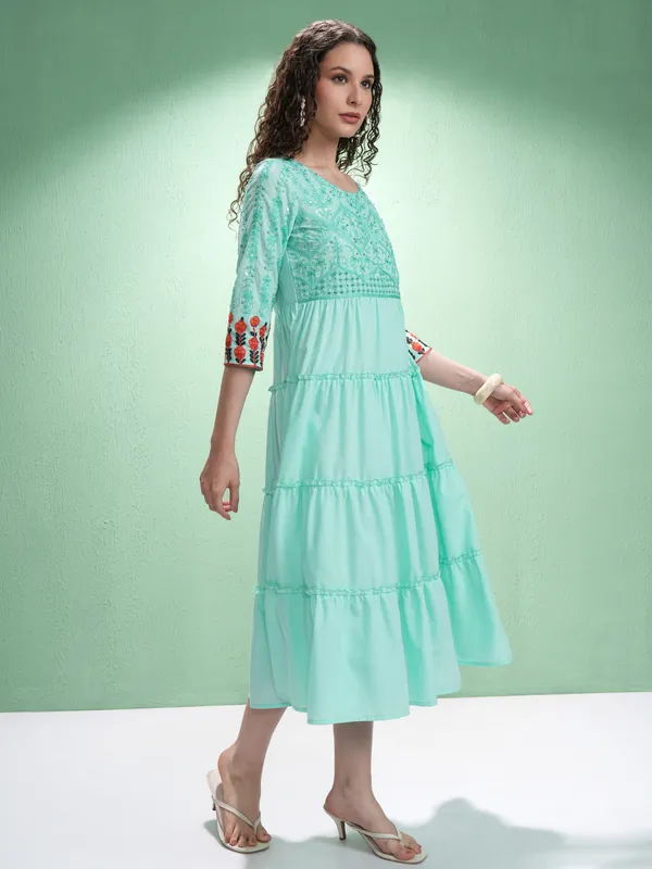 Vishudh Women Green Embroidered Fit and Flare Dress