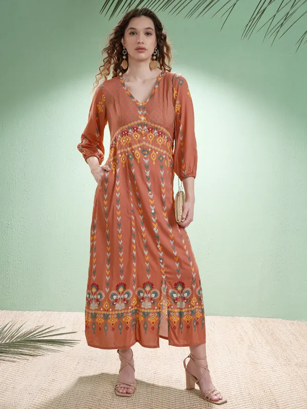 Vishudh Women Orange Self Design A-Line Dress