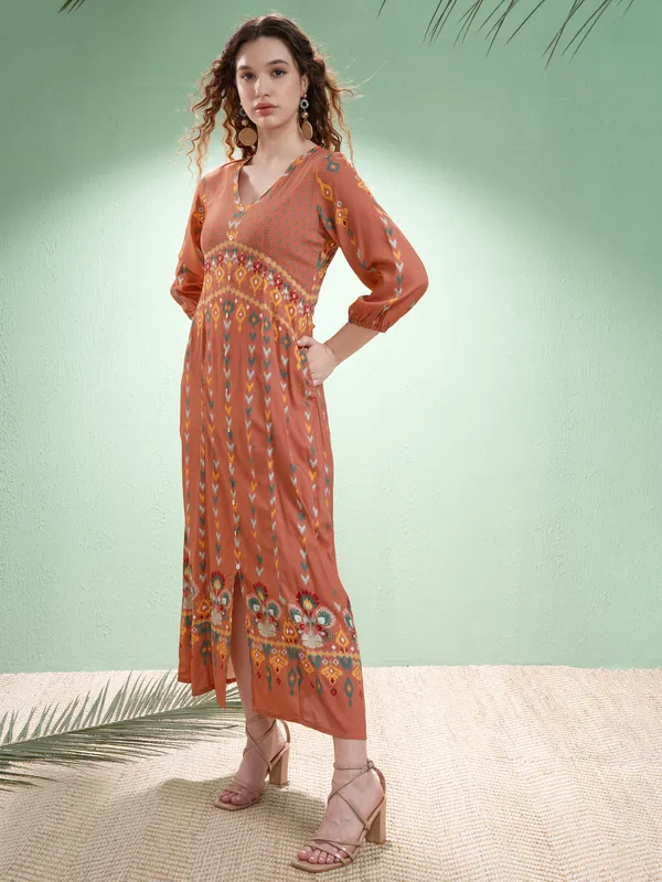 Vishudh Women Orange Self Design A-Line Dress