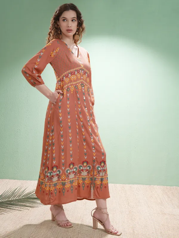Vishudh Women Orange Self Design A-Line Dress