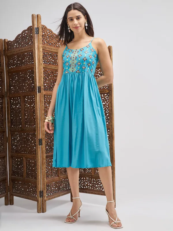 Vishudh Women Blue Embroidered Fit and Flare Dress
