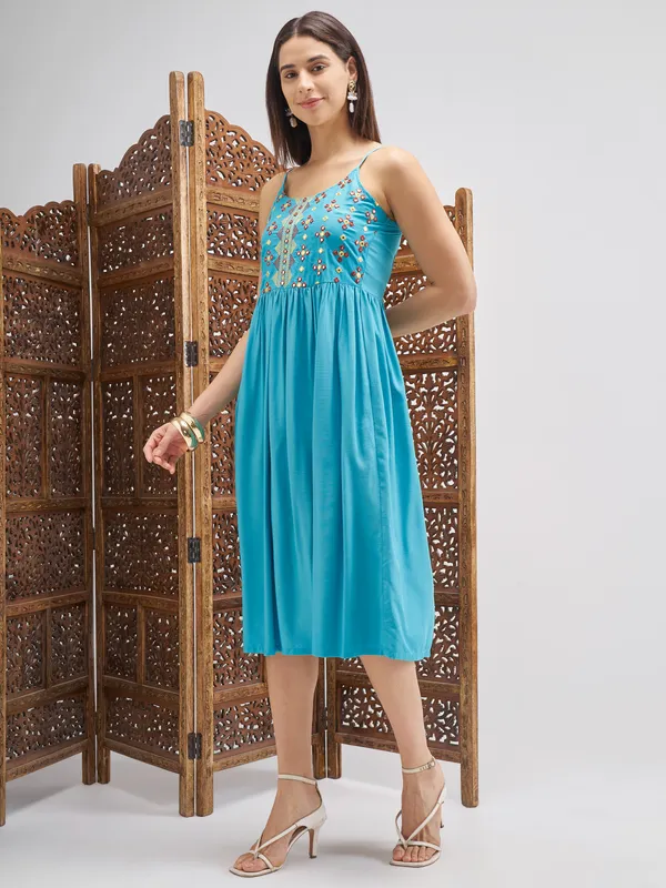 Vishudh Women Blue Embroidered Fit and Flare Dress
