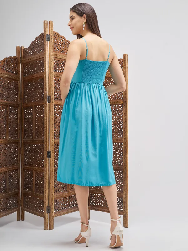 Vishudh Women Blue Embroidered Fit and Flare Dress