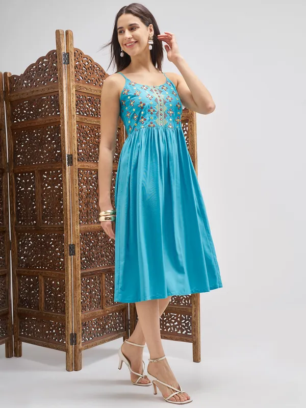 Vishudh Women Blue Embroidered Fit and Flare Dress