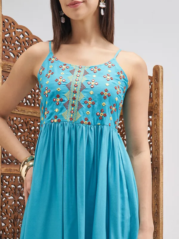 Vishudh Women Blue Embroidered Fit and Flare Dress