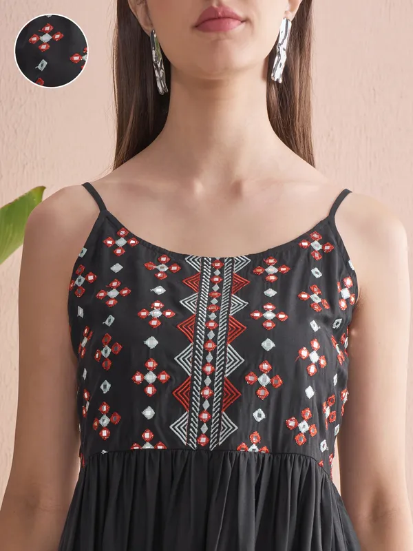 Vishudh Women Black Embroidered Fit and Flare Dress