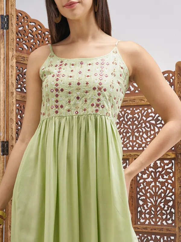Vishudh Women Green Embroidered Fit and Flare Dress