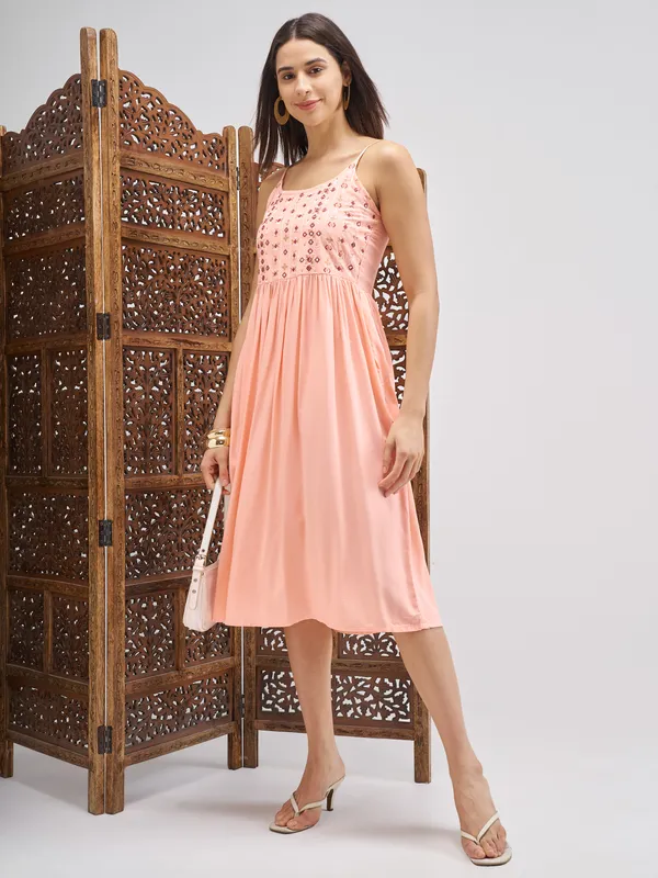 Vishudh Women Peach Embroidered Fit and Flare Dress