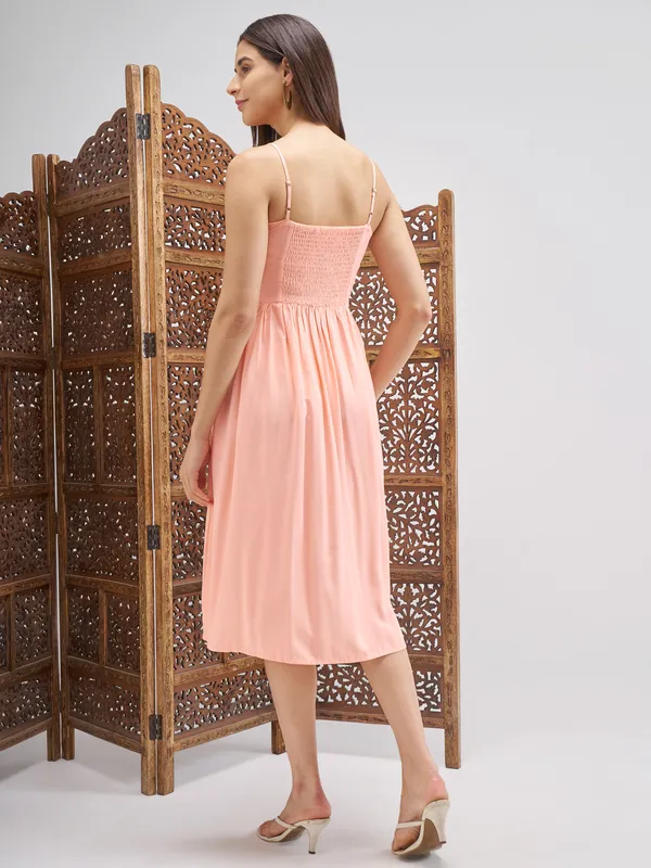 Vishudh Women Peach Embroidered Fit and Flare Dress