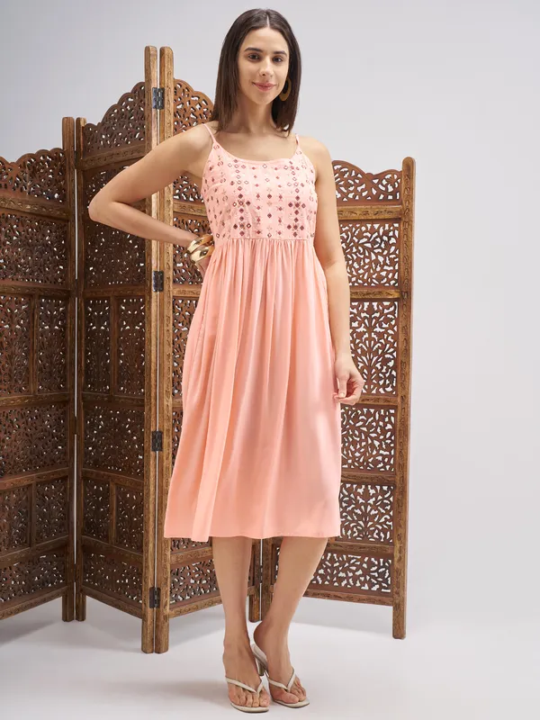 Vishudh Women Peach Embroidered Fit and Flare Dress