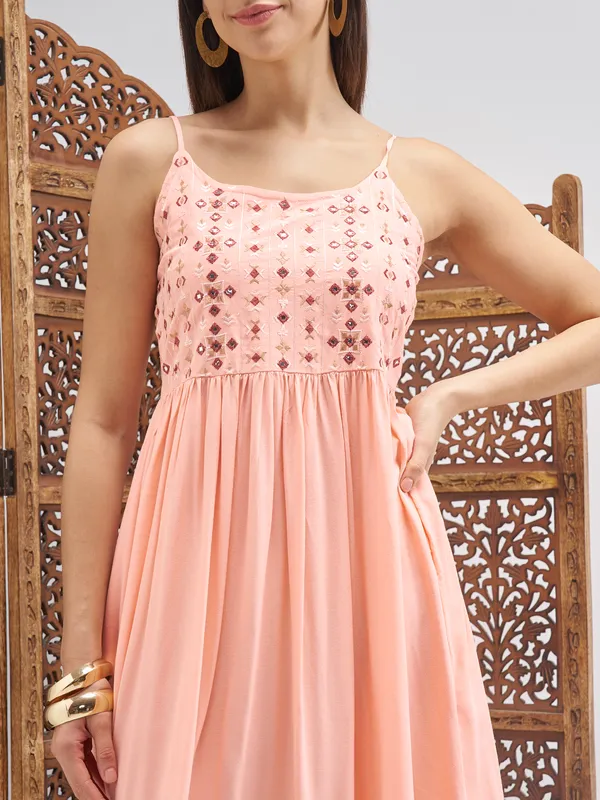 Vishudh Women Peach Embroidered Fit and Flare Dress