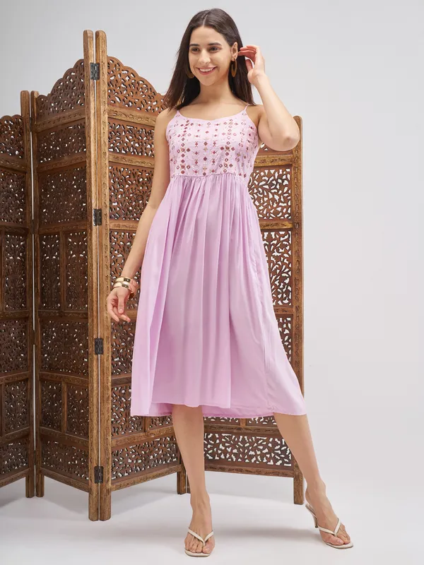 Vishudh Women Lilac Embroidered Fit and Flare Dress