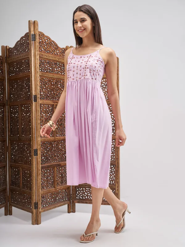 Vishudh Women Lilac Embroidered Fit and Flare Dress