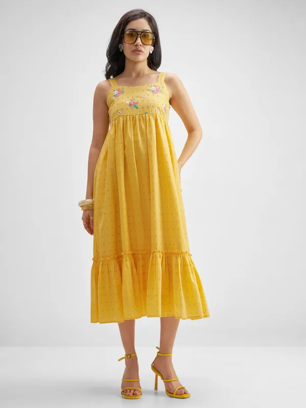 Vishudh Women Yellow Embroidered Fit And Flare Dress
