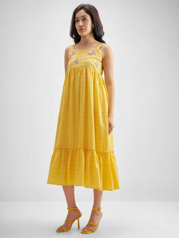 Vishudh Women Yellow Embroidered Fit And Flare Dress