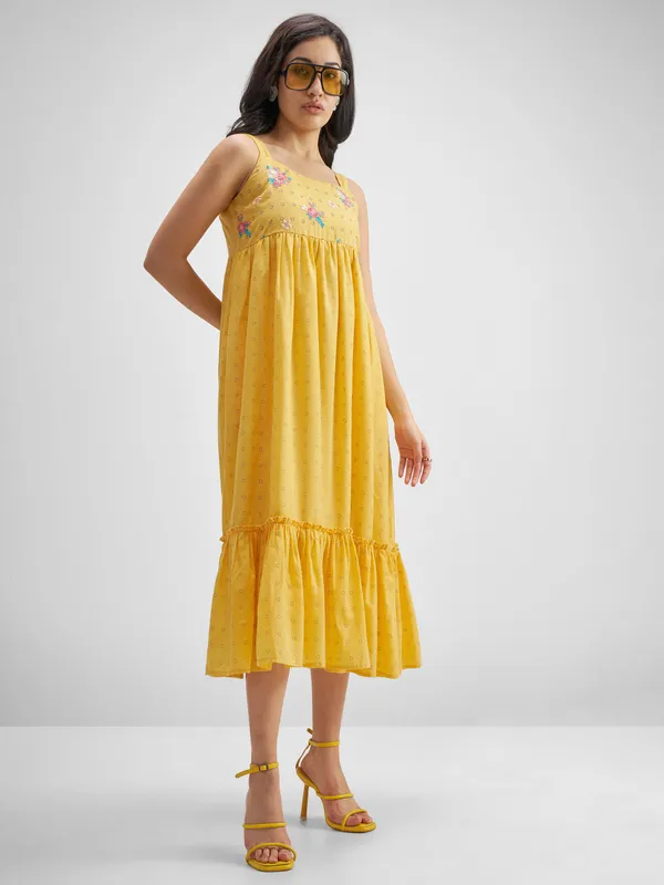Vishudh Women Yellow Embroidered Fit And Flare Dress