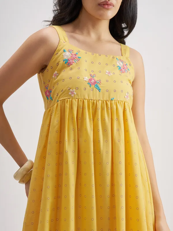 Vishudh Women Yellow Embroidered Fit And Flare Dress