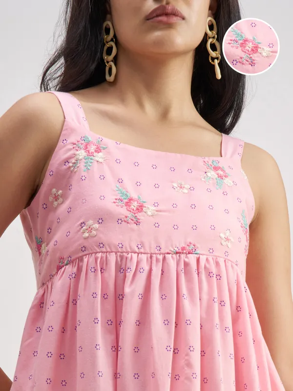 Vishudh Women Pink Embroidered Fit And Flare Dress