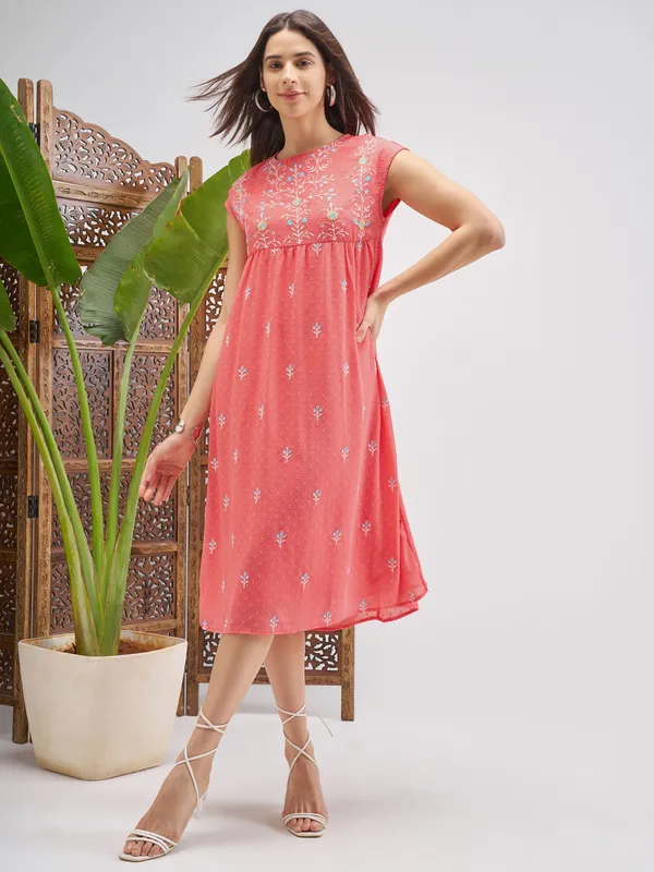 Vishudh Women Peach Embroidered Fit and Flare Dress