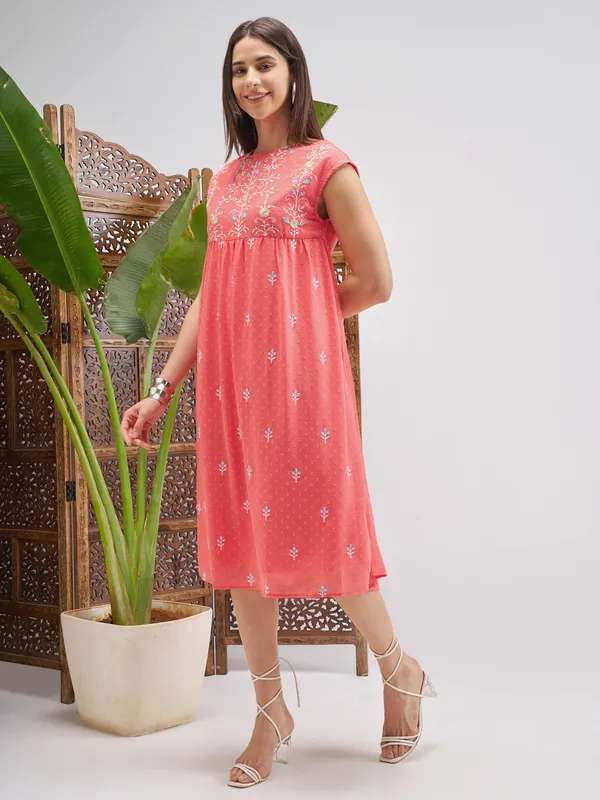 Vishudh Women Peach Embroidered Fit and Flare Dress