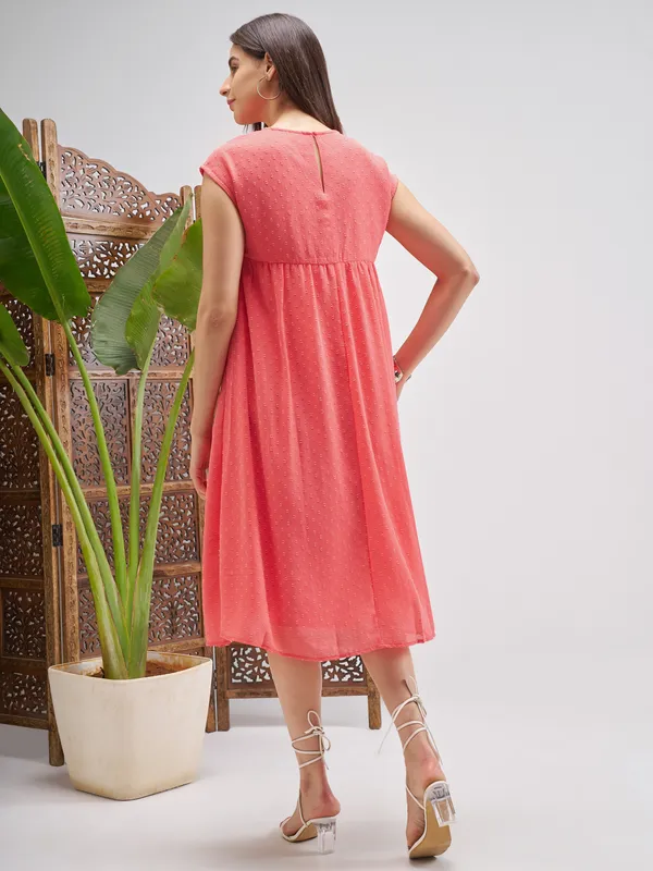 Vishudh Women Peach Embroidered Fit and Flare Dress