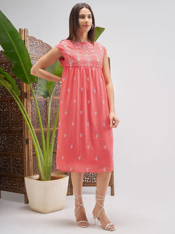 Vishudh Women Peach Embroidered Fit and Flare Dress
