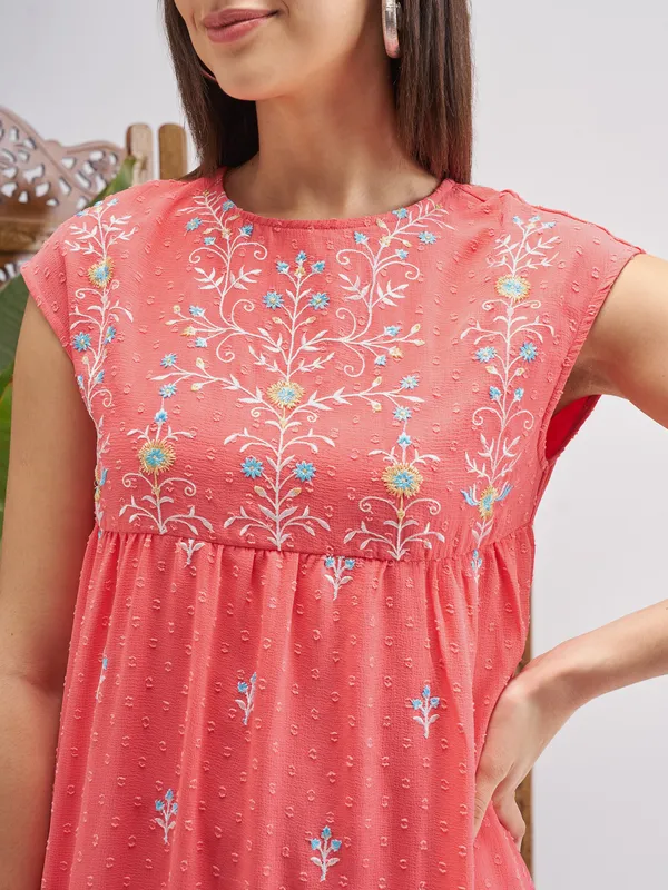 Vishudh Women Peach Embroidered Fit and Flare Dress